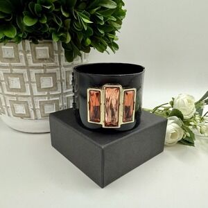 Vintage Lee Angel Black Enamel Cuff Bracelet Amber Glass Stones Gold Trim Hinged